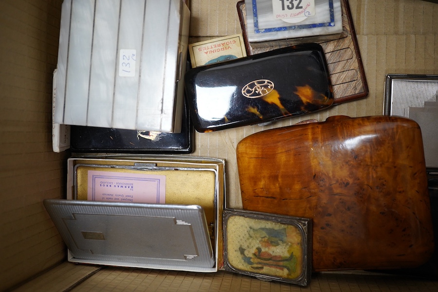 A silver mounted onyx and lapis match box with a shagreen striker to base, a larger similar silver mounted onyx cigarette box together with tortoiseshell, lacquer and mixed metal cigarette and cigar boxes etc., lapis and